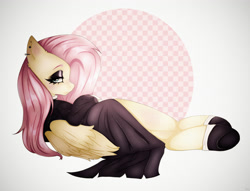 Size: 3536x2700 | Tagged: safe, artist:affeliii, imported from derpibooru, fluttershy, pegasus, pony, eyeshadow, female, fluttergoth, frown, high res, lidded eyes, looking at you, looking back, looking back at you, lying down, makeup, mare, on side, solo