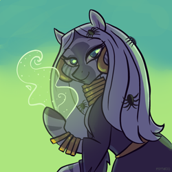 Size: 2048x2048 | Tagged: safe, artist:pfeffaroo, imported from derpibooru, zecora, pony, spider, zebra, luna eclipsed, clothes, costume, ear piercing, earring, female, green smoke, halloween, high res, holiday, hoof hold, hoof ring, jewelry, long mane, looking at you, magic, mare, my little pony, neck rings, nightmare night, nightmare night costume, piercing, raised hoof, smiling, solo, three quarter view, witch, zebra magic