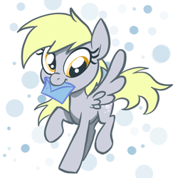 Size: 2048x2048 | Tagged: safe, artist:pfeffaroo, imported from derpibooru, derpy hooves, pegasus, pony, abstract background, female, full body, high res, hooves, letter, mare, mouth hold, raised hoof, raised leg, solo, spread wings, wings