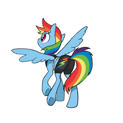 Size: 2048x2048 | Tagged: safe, artist:pfeffaroo, imported from derpibooru, rainbow dash, pegasus, pony, clothes, female, high res, mare, midriff, shorts, simple background, solo, sports shorts, spread wings, underhoof, white background, wings