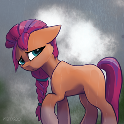 Size: 2048x2048 | Tagged: safe, artist:pfeffaroo, imported from derpibooru, sunny starscout, earth pony, pony, blank flank, braid, cloud, coat markings, female, floppy ears, g5, high res, mare, rain, raised hoof, sad, socks (coat markings), solo