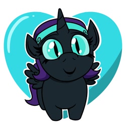 Size: 1100x1100 | Tagged: safe, artist:jargon scott, imported from derpibooru, oc, oc only, oc:nyx, alicorn, pony, cute, female, filly, foal, headband, heart, heart background, looking at you, missing accessory, no glasses, nyxabetes, nyxruary, ocbetes, slit pupils, smiling, smiling at you, solo, spread wings, wings