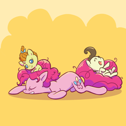 Size: 2048x2048 | Tagged: safe, artist:pfeffaroo, imported from derpibooru, pinkie pie, pound cake, pumpkin cake, earth pony, pegasus, pony, unicorn, baby, baby pony, bow, brother and sister, cake twins, colt, cute, eyes closed, female, filly, foal, hair bow, high res, horn, lying down, male, mare, messy mane, on back, open mouth, prone, siblings, sitting on head, sleeping, smiling, trio, twins