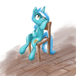 Size: 2048x2048 | Tagged: safe, artist:pfeffaroo, imported from derpibooru, lyra heartstrings, pony, unicorn, chair, female, high res, hoof on belly, horn, leaning, mare, meme, sitting, sitting lyra, solo, wooden floor