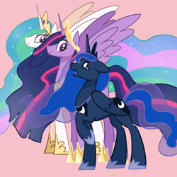 Size: 2048x2048 | Tagged: safe, artist:pfeffaroo, imported from derpibooru, part of a set, princess celestia, princess luna, twilight sparkle, alicorn, pony, the last problem, age progression, concave belly, exasperated face, female, floppy ears, flowing mane, folded wings, frustrated, height difference, high res, hoof shoes, jewelry, line-up, long legs, looking at each other, looking at someone, looking down, looking up, mare, my little pony, older, older twilight, older twilight sparkle (alicorn), open mouth, peytral, pink background, princess shoes, princess twilight 2.0, profile, raised hoof, regalia, royal sisters, short, siblings, simple background, sisters, size difference, slender, smiling, spread wings, standing, tall, teary eyes, thin, trio, trio female, twilight sparkle (alicorn), unfair, wings