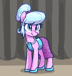 Size: 522x548 | Tagged: safe, artist:backgroundmares, imported from derpibooru, earth pony, pony, clothes, coral shine, curtains, dress, hoof shoes, indoors, smiling, solo, stage