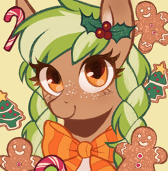 Size: 1116x1132 | Tagged: safe, artist:cowboypony, imported from derpibooru, oc, oc only, oc:sylvia evergreen, pegasus, bowtie, bust, candy, candy cane, christmas, commission, cookie, female, food, freckles, gingerbread (food), hearth's warming eve, holiday, holly, looking at you, mare, pegasus oc, portrait, solo, wings, your character here