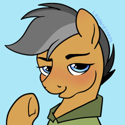 Size: 1400x1400 | Tagged: safe, artist:leopardsnaps, imported from derpibooru, quibble pants, earth pony, pony, blue background, clothes, collared shirt, light blue background, looking at you, male, raised hoof, shirt, simple background, sketch, solo, stallion, underhoof