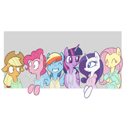 Size: 2048x2048 | Tagged: safe, artist:pfeffaroo, imported from derpibooru, applejack, fluttershy, pinkie pie, rainbow dash, rarity, twilight sparkle, alicorn, earth pony, pegasus, pony, unicorn, applejack's hat, bust, clothes, confused, cowboy hat, cute, eyes closed, female, floppy ears, folded wings, grin, hat, high res, hoodie, horn, line-up, looking at each other, looking at someone, mane six, mare, pinkie being pinkie, simple background, smiling, spread wings, twilight sparkle (alicorn), white background, wide eyes, wings