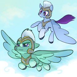 Size: 2048x2048 | Tagged: safe, artist:pfeffaroo, imported from derpibooru, pegasus, pony, armor, cloud, duo, duo male and female, female, floppy ears, flying, g5, guard, guardsmare, high res, male, mare, outdoors, pegasus royal guard, royal guard, sky, spread wings, stallion, thunder flap, unshorn fetlocks, wings, zoom zephyrwing