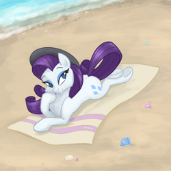 Size: 2048x2048 | Tagged: safe, artist:pfeffaroo, imported from derpibooru, rarity, pony, unicorn, beach, beach towel, eyeshadow, female, hat, high res, horn, lying down, makeup, mare, outdoors, prone, seashell, solo