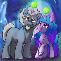 Size: 2090x2090 | Tagged: safe, artist:pfeffaroo, imported from derpibooru, izzy moonbow, pony, unicorn, alphabittle blossomforth, ball, bracelet, cute, duo, duo male and female, female, g5, high res, horn, horn impalement, hornball, izzy's tennis ball, izzybetes, jewelry, looking up, male, mare, raised hoof, smiling, stallion, tennis ball, unshorn fetlocks