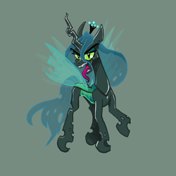 Size: 2048x2048 | Tagged: safe, artist:pfeffaroo, imported from derpibooru, queen chrysalis, changeling, changeling queen, crown, female, floating, green background, high res, jewelry, open mouth, quadrupedal, regalia, simple background, solo, tongue out, zoomorphic