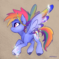 Size: 2304x2304 | Tagged: safe, artist:pfeffaroo, imported from derpibooru, rainbow dash, zipp storm, pegasus, pony, female, g5, g5 concept leaks, high res, mare, smiling, solo, sparkles, sparkly wings, spread wings, transformation, unshorn fetlocks, wings