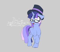 Size: 1626x1413 | Tagged: safe, artist:ricy, oc, oc only, oc:flawless sparklemoon, pony, unicorn, blushing, cutie mark, dialogue, embarrassed, glasses, hat, looking down, tail