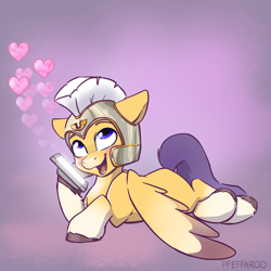 Size: 2048x2048 | Tagged: safe, artist:pfeffaroo, imported from derpibooru, pegasus, pony, cellphone, g5, guard, happy, heart, helmet, high res, lying down, my little pony: a new generation, open mouth, open smile, pegasus royal guard, phone, prone, royal guard, sea skimmer, smiling, solo, spread wings, unnamed character, unnamed pony, unshorn fetlocks, wings