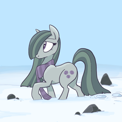 Size: 2048x2048 | Tagged: safe, artist:pfeffaroo, imported from derpibooru, marble pie, earth pony, pony, clothes, female, hair over one eye, high res, looking away, looking up, mare, outdoors, profile, raised hoof, rock, rock farm, scarf, snow, solo, winter