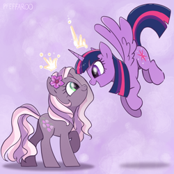 Size: 2048x2048 | Tagged: safe, artist:pfeffaroo, imported from derpibooru, twilight sparkle, wysteria, alicorn, earth pony, pony, abstract background, duo, duo female, eye contact, female, flower, flower in hair, flying, g3, g3 to g4, generation leap, high res, horn, looking at each other, looking at someone, mare, open mouth, open smile, princess, princess wysteria, raised hoof, signature, smiling, smiling at each other, spread wings, twilight sparkle (alicorn), wings, wysteriadorable