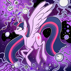 Size: 2048x2048 | Tagged: safe, artist:pfeffaroo, imported from derpibooru, twilight sparkle, alicorn, pony, abstract background, female, high res, horn, looking at something, looking up, magic, mare, open mouth, profile, solo, spread wings, twilight sparkle (alicorn), wings