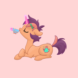 Size: 2048x2048 | Tagged: safe, artist:pfeffaroo, imported from derpibooru, oc, oc only, oc:kettle chip, pony, unicorn, cup, eyes closed, female, glowing, glowing horn, hair accessory, high res, horn, levitation, magic, magic aura, mare, ponysona, simple background, sipping, solo, teacup, telekinesis