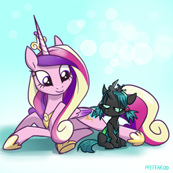 Size: 2048x2048 | Tagged: safe, artist:pfeffaroo, imported from derpibooru, part of a set, princess cadance, queen chrysalis, alicorn, changeling, nymph, pony, crown, cute, cutealis, cutedance, duo, duo female, female, filly, filly queen chrysalis, foal, folded wings, frown, high res, hoof shoes, horn, jewelry, mama cadence, mare, peytral, princess shoes, regalia, shadow, signature, smiling, wings, younger