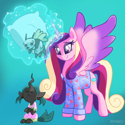 Size: 2262x2259 | Tagged: safe, artist:pfeffaroo, imported from derpibooru, princess cadance, queen chrysalis, alicorn, bugbear, nymph, pony, clothes, duo, duo female, eyes closed, female, filly, filly queen chrysalis, foal, glowing, glowing horn, high res, horn, levitation, magic, magic aura, mama cadence, mare, pillow, plushie, pouting, spread wings, telekinesis, wings, younger