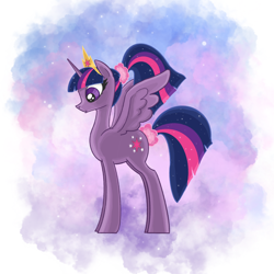 Size: 2048x2048 | Tagged: safe, artist:pfeffaroo, imported from derpibooru, twilight sparkle, alicorn, pony, abstract background, alternate hairstyle, crown, female, high res, horn, jewelry, mare, ponytail, regalia, scrunchie, solo, spread wings, twilight sparkle (alicorn), wings