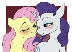 Size: 975x706 | Tagged: safe, artist:luxsimx, imported from derpibooru, fluttershy, rarity, pegasus, pony, unicorn, blushing, female, flarity, horn, lesbian, mare, shipping