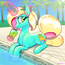 Size: 2048x2048 | Tagged: safe, artist:pfeffaroo, imported from derpibooru, oc, oc only, pony, unicorn, drink, drinking, drinking straw, female, glowing, glowing horn, horn, levitation, magic, magic aura, mare, outdoors, palm tree, solo, swimming pool, telekinesis, tree, unicorn oc, water