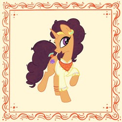 Size: 2048x2048 | Tagged: safe, artist:pfeffaroo, imported from derpibooru, saffron masala, pony, unicorn, spice up your life, clothes, ear piercing, earring, female, frame, high res, horn, jewelry, looking at you, mare, my little pony, open mouth, open smile, piercing, raised hoof, smiling, smiling at you, solo, standing, turned head