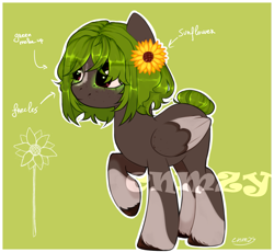 Size: 1239x1139 | Tagged: safe, artist:cnmzy, imported from derpibooru, oc, pegasus, pony, adoptable, adoptable open, brown eyes, cute, dark skin, female, flower, for sale, green hair, happy, mlpadopt, my little pony, oc name needed, pegasus oc, smiling, solo, sunflower, tail, wings, yellow