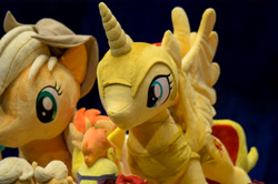 Size: 4928x3264 | Tagged: safe, imported from derpibooru, applejack, sunset shimmer, alicorn, 2015, alicornified, galacon, irl, photo, plushie, race swap, shimmercorn