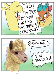 Size: 3600x4800 | Tagged: safe, artist:thescornfulreptilian, imported from derpibooru, alpaca, deer, reindeer, them's fightin' herds, 2 panel comic, angry, annoyed, comic, community related, duo, meme, paprika (tfh), realistic, text, too serious, velvet (tfh)