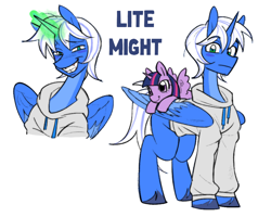 Size: 1000x800 | Tagged: safe, artist:sugarpersonlove, imported from derpibooru, oc, oc only, oc:lite might, alicorn, pony, blue coat, clothes, colored, colored hooves, colored wings, flat colors, gray background, hoodie, hooves, horn, looking at you, magic, male, reference sheet, simple background, smiling, solo, solo male, spread wings, stallion, wings