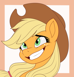 Size: 1075x1126 | Tagged: safe, artist:sage-o-matic, imported from derpibooru, applejack, earth pony, pony, cowboy hat, female, grin, hat, mare, passepartout, smiling, solo