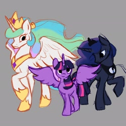 Size: 2048x2048 | Tagged: safe, artist:amanecerlobo, imported from derpibooru, princess celestia, princess luna, twilight sparkle, alicorn, pony, female, royal sisters, siblings, sisters, trio, twilight sparkle (alicorn)