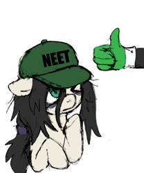 Size: 1370x1647 | Tagged: safe, artist:sockspity, oc, oc:anon, oc:floor bored, earth pony, human, pony, bags under eyes, female, hat, male, mare, ponytail, text, thumbs up