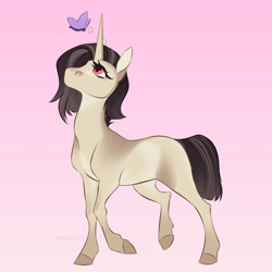 Size: 2000x2000 | Tagged: safe, artist:dementra369, imported from derpibooru, oc, oc only, butterfly, pony, unicorn, blank flank, horn, oc name needed, raised hoof, simple background, solo