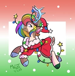 Size: 991x1000 | Tagged: safe, artist:malcat, imported from derpibooru, oc, oc only, oc:joy, deer, reindeer, antlers, christmas, christmas lights, clothes, cloven hooves, coat markings, colored antlers, colored hooves, colored muzzle, deer oc, dress, female, gradient antlers, gradient background, hat, holiday, hooves, multicolored hair, multicolored hooves, non-pony oc, pinto, rainbow hair, reindeer oc, santa dress, santa hat, smiling, snow, solo, stars, wild manes, wild manes oc