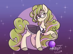 Size: 1000x750 | Tagged: safe, artist:malcat, imported from derpibooru, oc, oc only, oc:chelsea, horse, clothes, crystal ball, dress, female, fortune teller, glasses, gradient background, mare, raised hoof, solo, stars, wild manes, wild manes oc