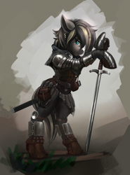 Size: 2000x2700 | Tagged: safe, artist:richmay, imported from derpibooru, oc, oc only, earth pony, pony, armor, bipedal, bipedal leaning, kingdom come: deliverance, knight, leaning, scar, solo, sword, weapon