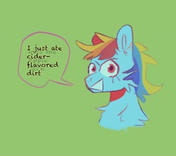 Size: 2048x1820 | Tagged: safe, artist:silliercryptid, imported from derpibooru, rainbow dash, pegasus, pony, alcoholism, bust, chest fluff, dashaholic, dialogue, female, green background, mare, portrait, simple background, solo, speech bubble