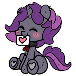 Size: 1500x1500 | Tagged: safe, artist:anykoe, imported from derpibooru, oc, oc:velvet swirl, unicorn, accessory, blushing, chibi, commission, cute, ear piercing, earring, eyes closed, female, heart, horn, jewelry, piercing, plushie, purple mane, sign, simple background, sitting, solo, transparent background, unicorn oc, ych result, your character here