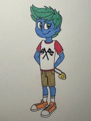 Size: 3024x4032 | Tagged: safe, artist:dylanwayneburk, imported from derpibooru, oc, oc:lightning twister, human, equestria girls, adopted offspring, checkered flag, clothes, equestria girls specials, heart locket, humanized, locket, locket necklace, male, my little pony equestria girls: better together, offspring, orphan, shirt, shoes, shorts, sneakers, t-shirt, traditional art