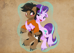 Size: 4961x3508 | Tagged: safe, artist:haruh_ink, imported from derpibooru, starlight glimmer, oc, oc:snore, earth pony, pony, unicorn, blushing, brown coat, canon x oc, clothes, duo, duo male and female, female, floating, hoodie, horn, hug, hug from behind, looking at each other, looking at someone, magic, male, mare, pillow, shipping, simple background, smiling, smiling at each other, stallion, telekinesis