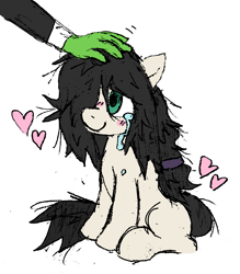 Size: 1351x1545 | Tagged: safe, artist:sockspity, oc, oc:anon, oc:floor bored, earth pony, human, pony, bags under eyes, blushing, crying, female, floating heart, hand, head pat, heart, male, mare, pat, petting, ponytail, tears of joy