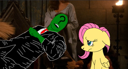 Size: 1169x630 | Tagged: safe, anonymous artist, edit, edited screencap, imported from derpibooru, screencap, fluttershy, oc, oc:anon, human, pegasus, pony, army of darkness, folded wings, frown, human and pony, human male, male, movie reference, parody, screenshots, wings