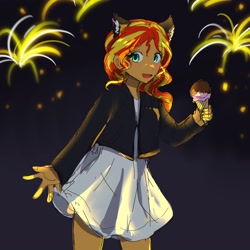 Size: 2048x2048 | Tagged: safe, artist:dusknebula, imported from derpibooru, sunset shimmer, human, equestria girls, cat ears, clothes, cute, female, fireworks, food, ice cream, ice cream cone, jacket, looking at you, night, open mouth, shimmerbetes, skirt, smiling, solo