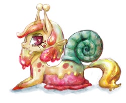 Size: 1134x931 | Tagged: safe, artist:buttercupsaiyan, imported from twibooru, oc, oc:27, original species, snail, snail pony, clip paint studio, digital watercolor, feelers, female, heart eyes, image, needs more jpeg, red eyes, shiny, slime, snail shell, traditional art, watercolor painting, wingding eyes