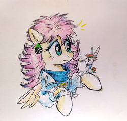 Size: 4096x3918 | Tagged: safe, artist:mirio_p2, idw, imported from derpibooru, angel bunny, fluttershy, pegasus, pony, 80s, cigarette, colored, ear piercing, earring, friendship is magic #67, full color, half body, jewelry, make-up, my little pony: friendship is magic (idw), piercing, traditional art